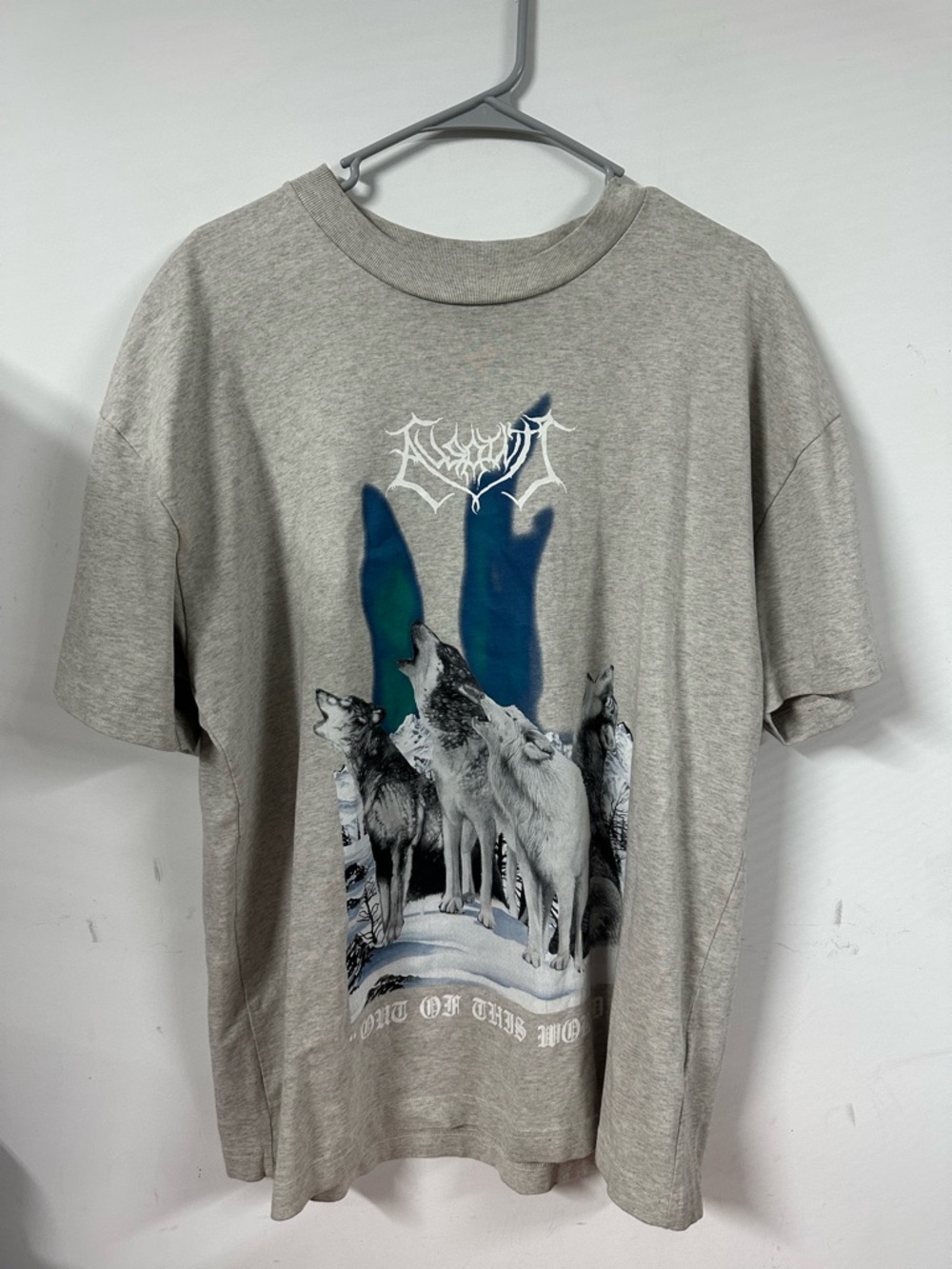 AllSaints Size Small Oversized Grey Cotton Wolf Graphic "HOWL" T Shirt
